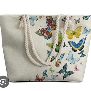 Cream Butterfly Print Tote Bag with Rope Handles